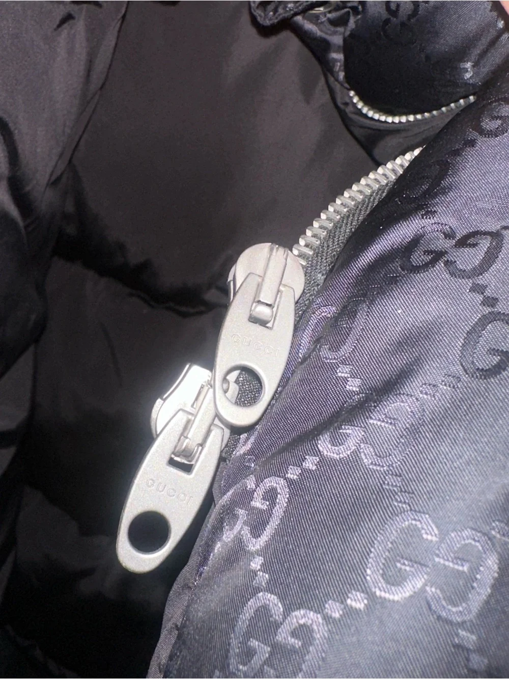 Gucci Black Puffer Jacket with Gold Logo Trim